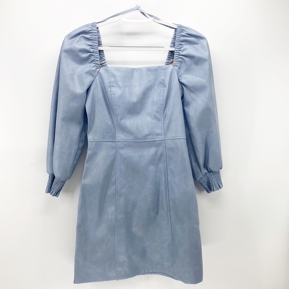 7 For All Mankind faux leather puff sleeve square neck ruched zipper back blue - Picture 1 of 9